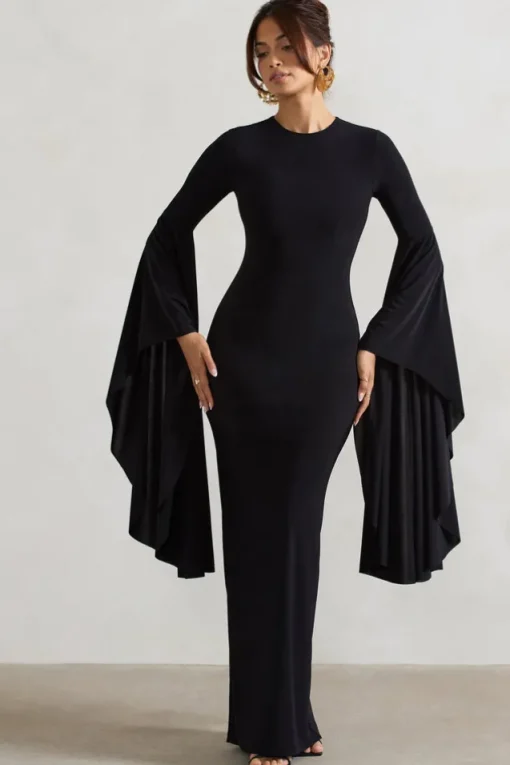 Modena | Black Waterfall Sleeve Maxi Dress