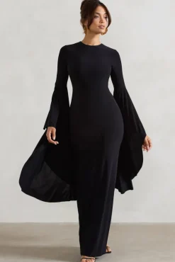 Modena | Black Waterfall Sleeve Maxi Dress