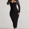 Mojito | Black Ruched Cut-Out Long-Sleeve Midi Dress