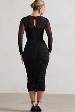 Mojito | Black Ruched Cut-Out Long-Sleeve Midi Dress