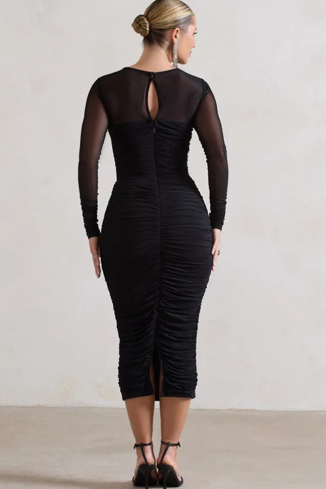 Mojito | Black Ruched Cut-Out Long-Sleeve Midi Dress