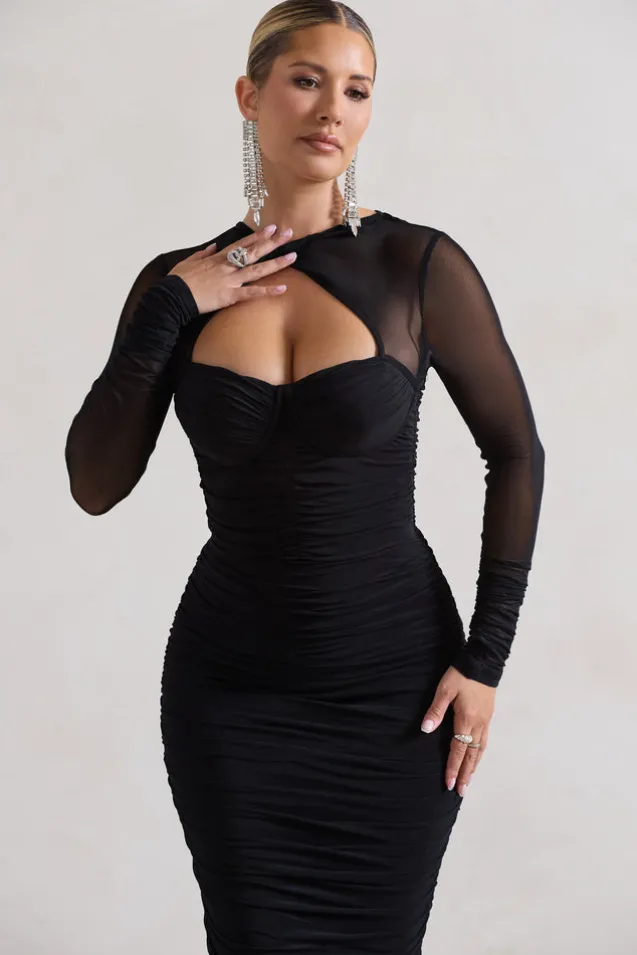 Mojito | Black Ruched Cut-Out Long-Sleeve Midi Dress
