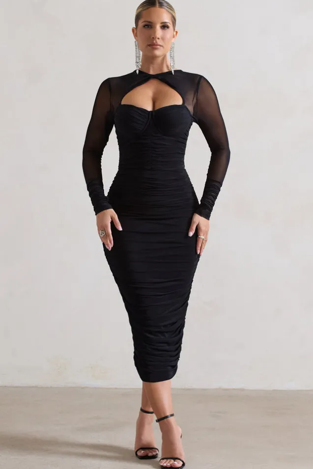 Mojito | Black Ruched Cut-Out Long-Sleeve Midi Dress