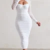 Mojito | White Ruched Cut-Out Long-Sleeve Midi Dress