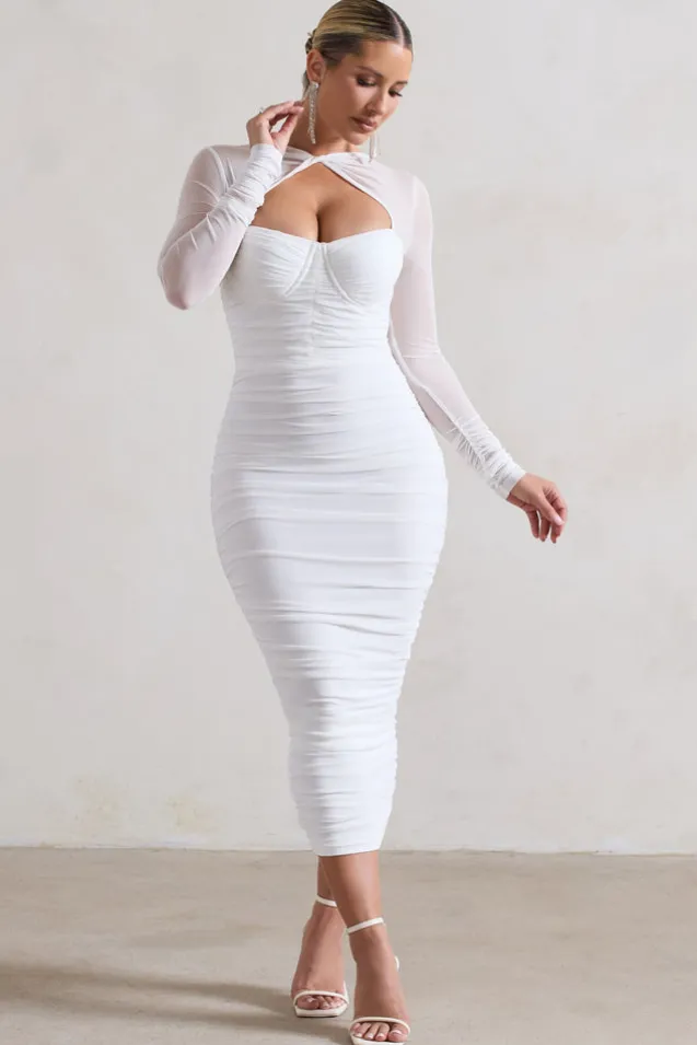 Mojito | White Ruched Cut-Out Long-Sleeve Midi Dress