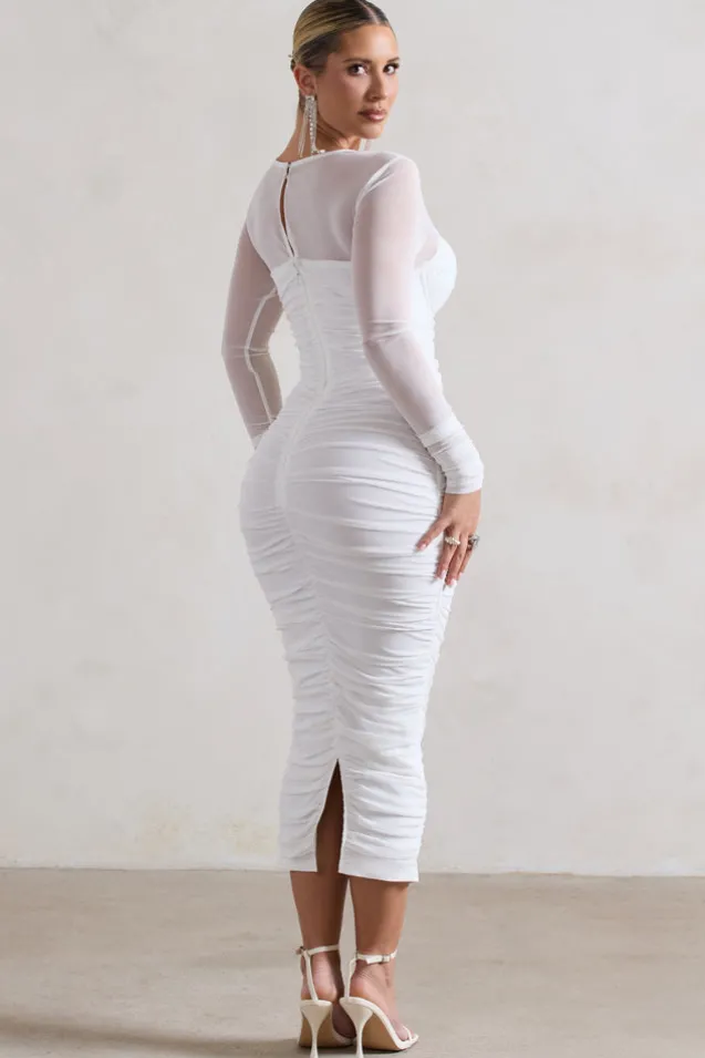 Mojito | White Ruched Cut-Out Long-Sleeve Midi Dress