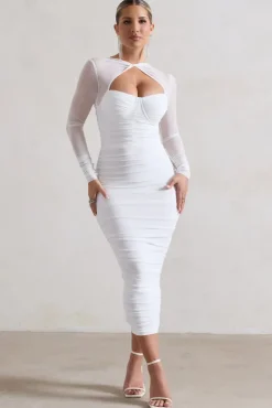 Mojito | White Ruched Cut-Out Long-Sleeve Midi Dress