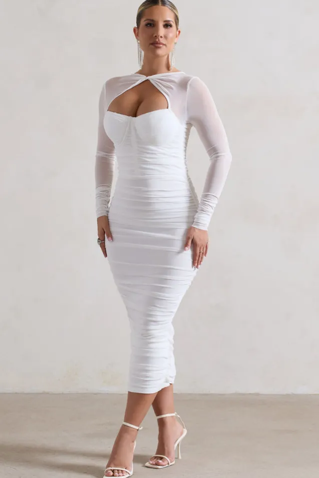 Mojito | White Ruched Cut-Out Long-Sleeve Midi Dress