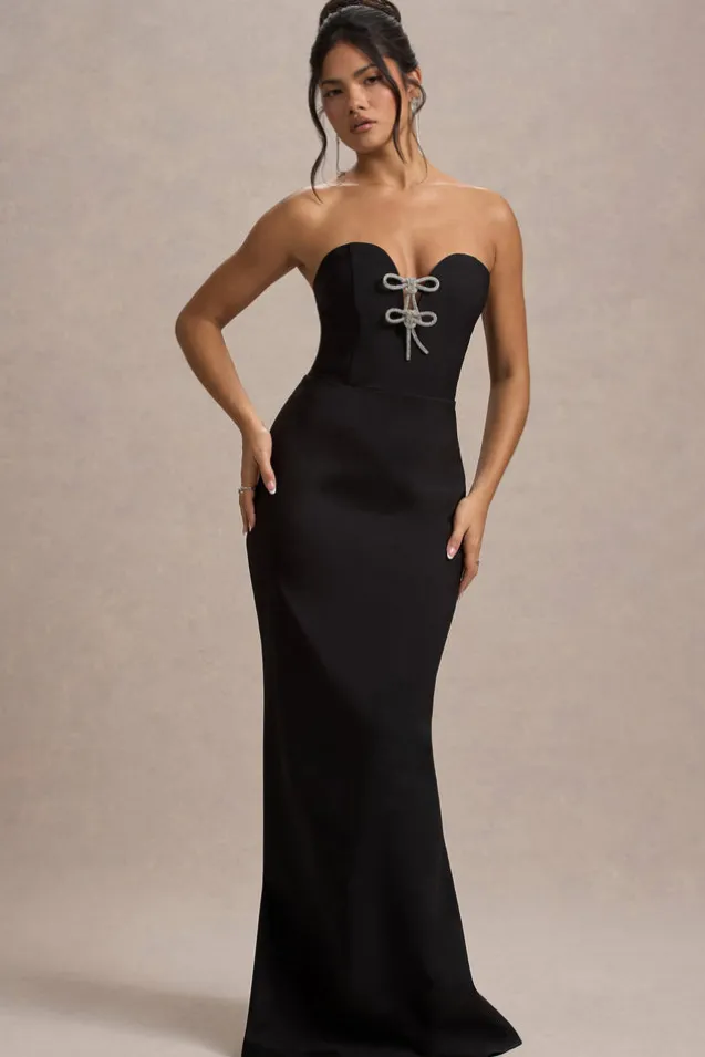 Molly | Black Strapless Sweetheart Maxi Dress With Bows