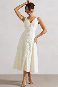 Mona | Ecru Jacquard Plunge-Neck Button Midi Dress