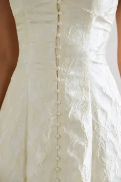 Mona | Ecru Jacquard Plunge-Neck Button Midi Dress