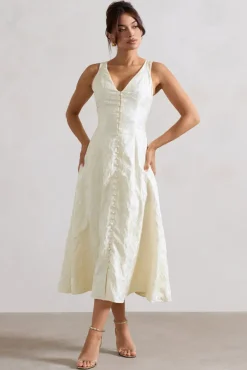Mona | Ecru Jacquard Plunge-Neck Button Midi Dress