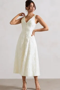 Mona | Ecru Jacquard Plunge-Neck Button Midi Dress