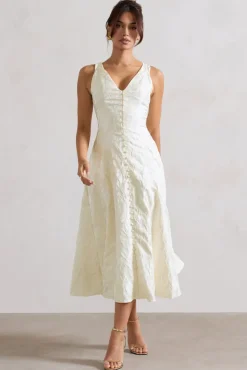 Mona | Ecru Jacquard Plunge-Neck Button Midi Dress