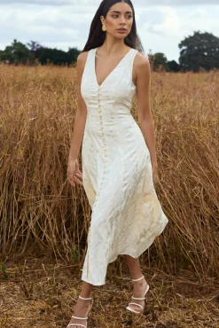 Mona | Ecru Jacquard Plunge-Neck Button Midi Dress