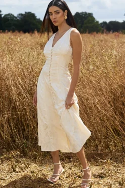 Mona | Ecru Jacquard Plunge-Neck Button Midi Dress