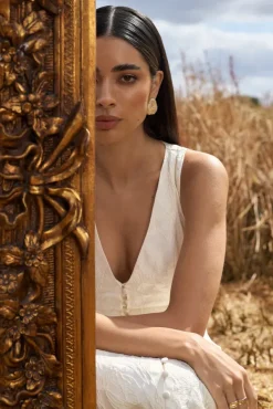 Mona | Ecru Jacquard Plunge-Neck Button Midi Dress