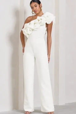 Monica | White Asymmetric Ruffled Wide-Leg Jumpsuit