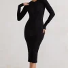 Monique | Black Ruched Bodycon Midi Dress