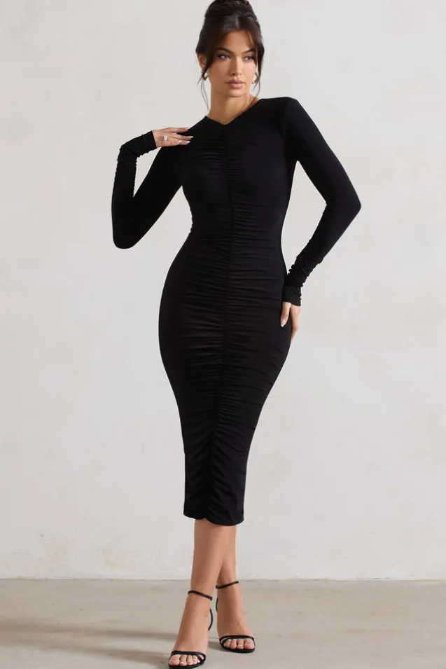 Monique | Black Ruched Bodycon Midi Dress