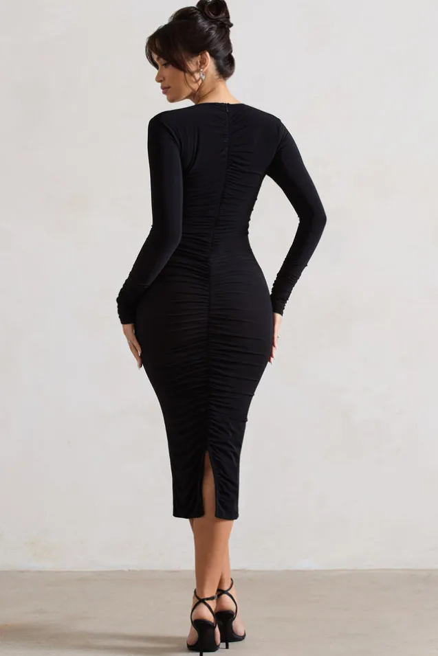 Monique | Black Ruched Bodycon Midi Dress