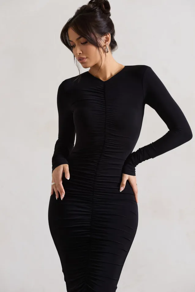 Monique | Black Ruched Bodycon Midi Dress