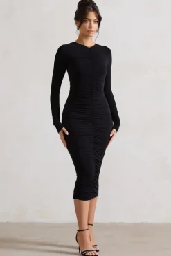 Monique | Black Ruched Bodycon Midi Dress
