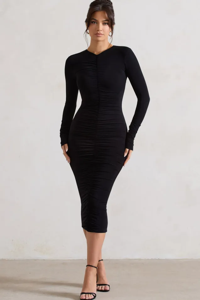 Monique | Black Ruched Bodycon Midi Dress