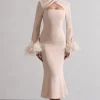 Monroe | Champagne Cross Halter-Neck Midi Dress With Feather Cuffs