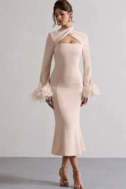 Monroe | Champagne Cross Halter-Neck Midi Dress With Feather Cuffs