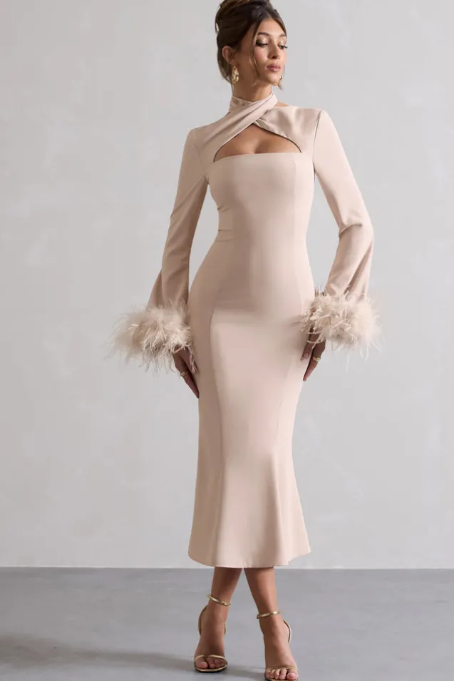 Monroe | Champagne Cross Halter-Neck Midi Dress With Feather Cuffs