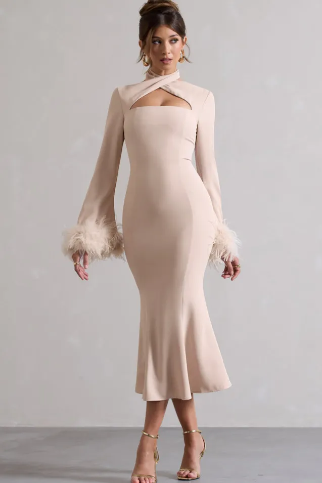 Monroe | Champagne Cross Halter-Neck Midi Dress With Feather Cuffs