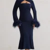 Monroe | Navy Cross Halter-Neck Midi Dress With Feather Cuffs