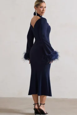 Monroe | Navy Cross Halter-Neck Midi Dress With Feather Cuffs