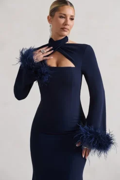 Monroe | Navy Cross Halter-Neck Midi Dress With Feather Cuffs