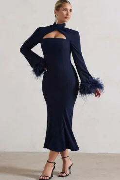 Monroe | Navy Cross Halter-Neck Midi Dress With Feather Cuffs