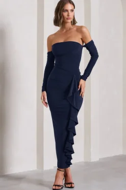 Montana | Navy Bardot Ruffle Maxi Dress