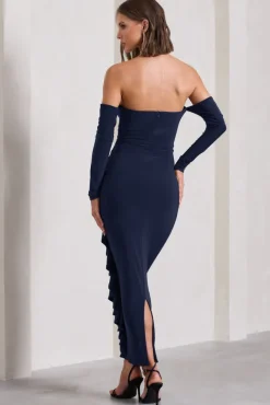 Montana | Navy Bardot Ruffle Maxi Dress