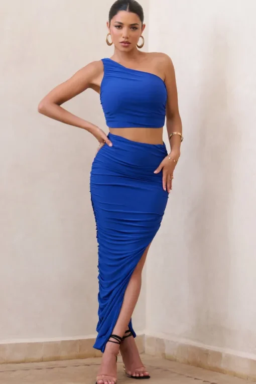 Moon Star | Royal Blue Side Split Ruched Maxi Skirt