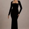 Morana | Black Velvet Square-Neck Long-Sleeve Maxi Dress