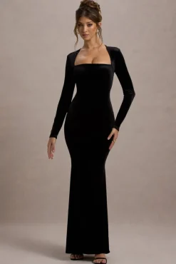 Morana | Black Velvet Square-Neck Long-Sleeve Maxi Dress