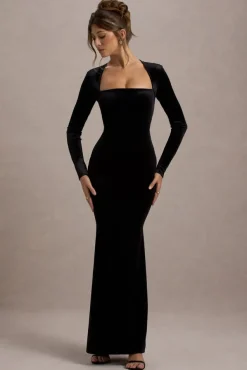 Morana | Black Velvet Square-Neck Long-Sleeve Maxi Dress