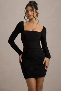 Muse | Black Long Sleeve Square Neck Ruched Mini Dress