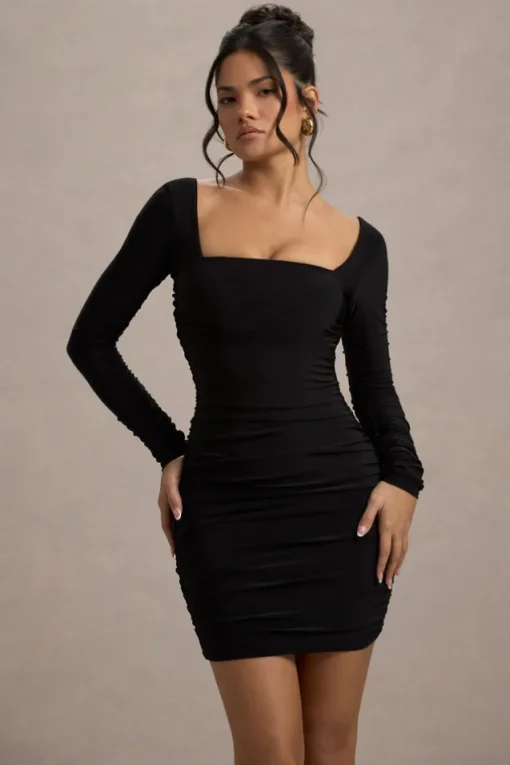 Muse | Black Long Sleeve Square Neck Ruched Mini Dress