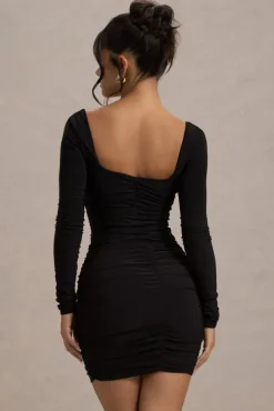 Muse | Black Long Sleeve Square Neck Ruched Mini Dress