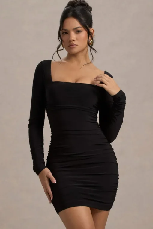 Muse | Black Long Sleeve Square Neck Ruched Mini Dress