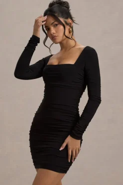 Muse | Black Long Sleeve Square Neck Ruched Mini Dress