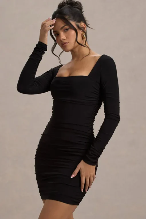 Muse | Black Long Sleeve Square Neck Ruched Mini Dress