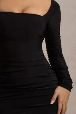 Muse | Black Long Sleeve Square Neck Ruched Mini Dress