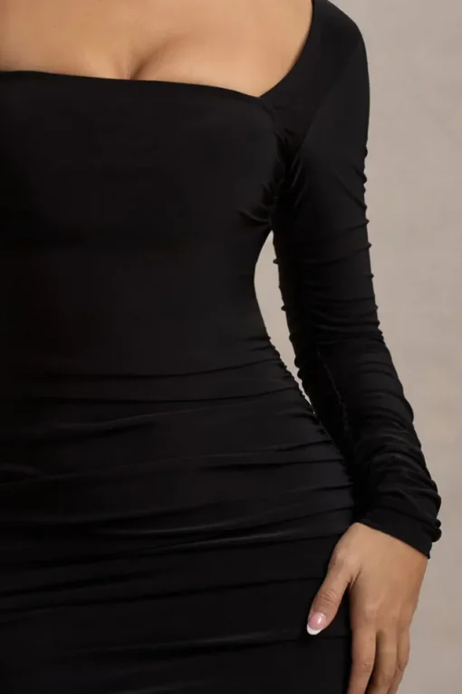 Muse | Black Long Sleeve Square Neck Ruched Mini Dress